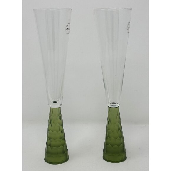 ARTLAND PRESCOTT Crystal Champagne Flutes Handblown Honeycomb GREEN Set of 2 - Picture 4 of 11